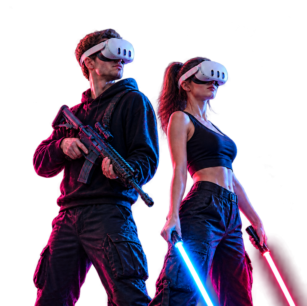 Двоє гравців у VR-шоломах Meta Quest 3 — один зі штурмовою гвинтівкою, друга зі світловими мечами